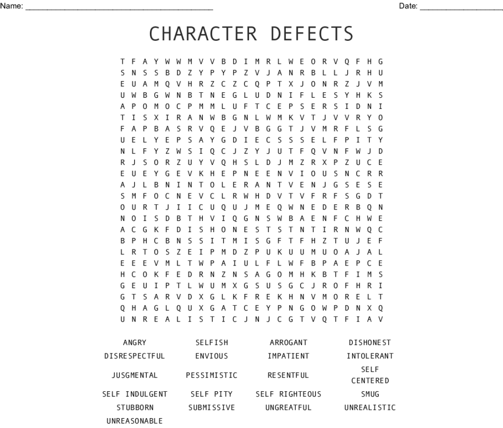 Printable Character Defects Worksheet Printable Word Searches 