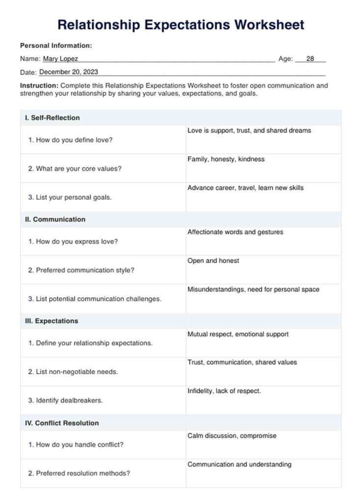 Relationship Expectations Worksheet Example Free PDF Download