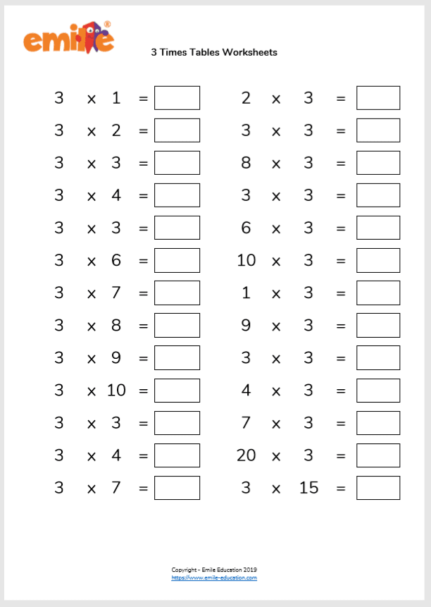 3 Times Table Printable Worksheet