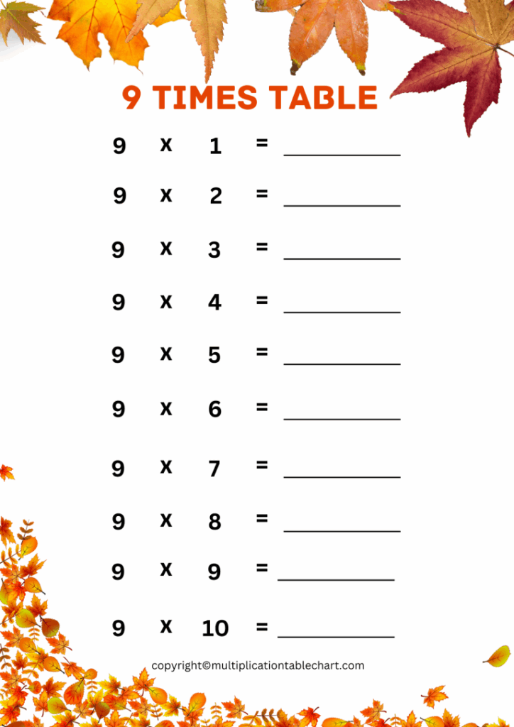 9 Times Table Worksheet 9 Multiplication Table Free PDF