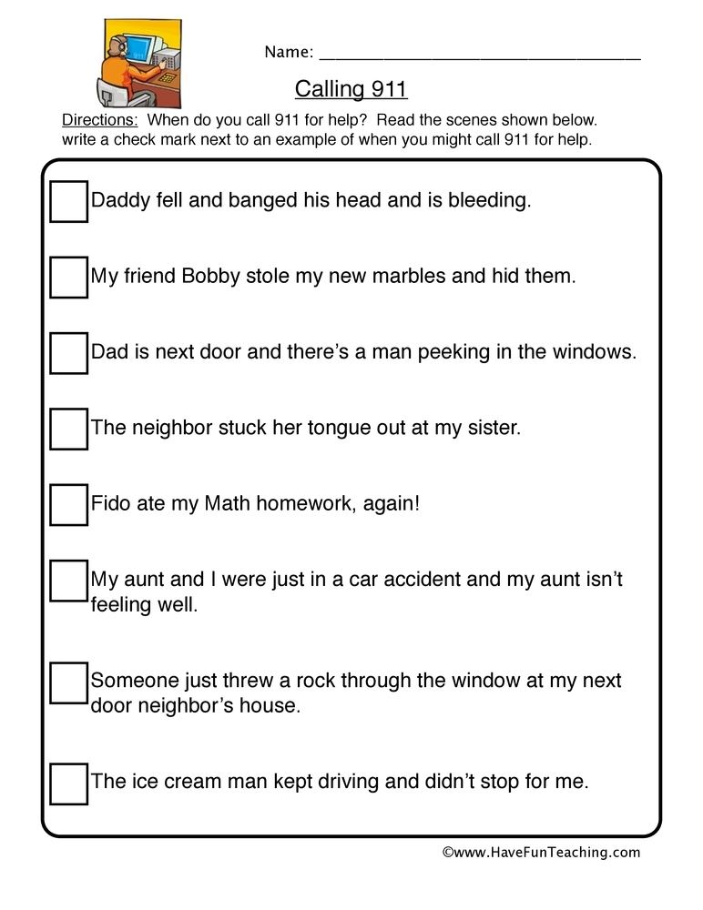 911 Worksheet Calling 911 Printable Worksheets
