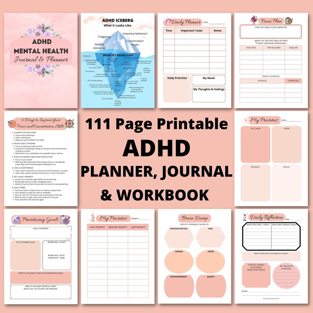 ADHD Planner Printable ADHD Workbook And Journal CBT Anxiety Worksheets 