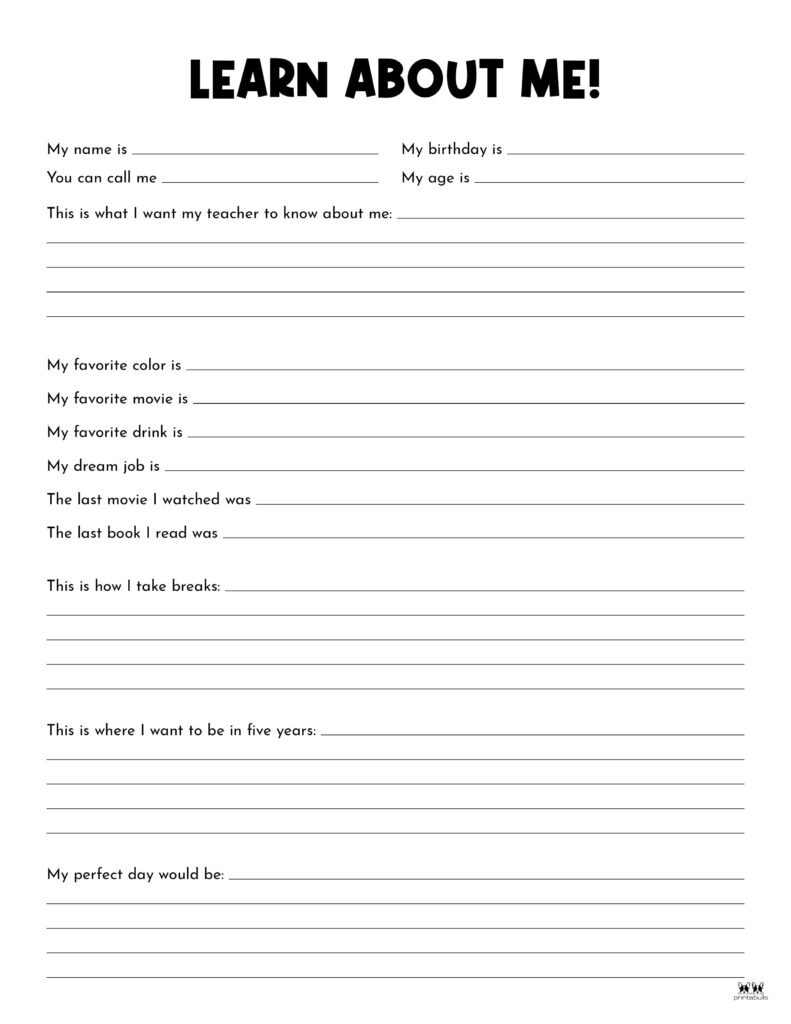 All About Me Printable Worksheets 50 FREE Printables 47 OFF