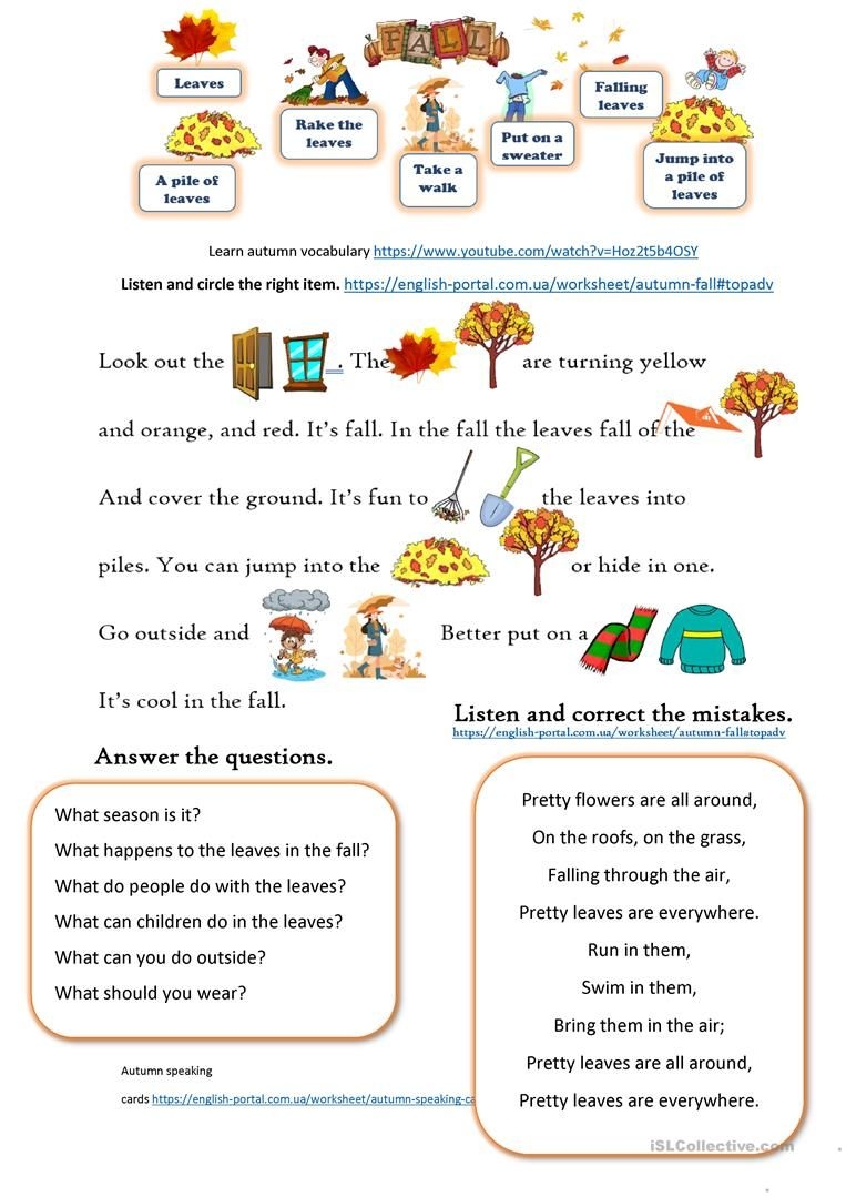 Autumn Reading And Listening Comprehension English ESL Worksheets