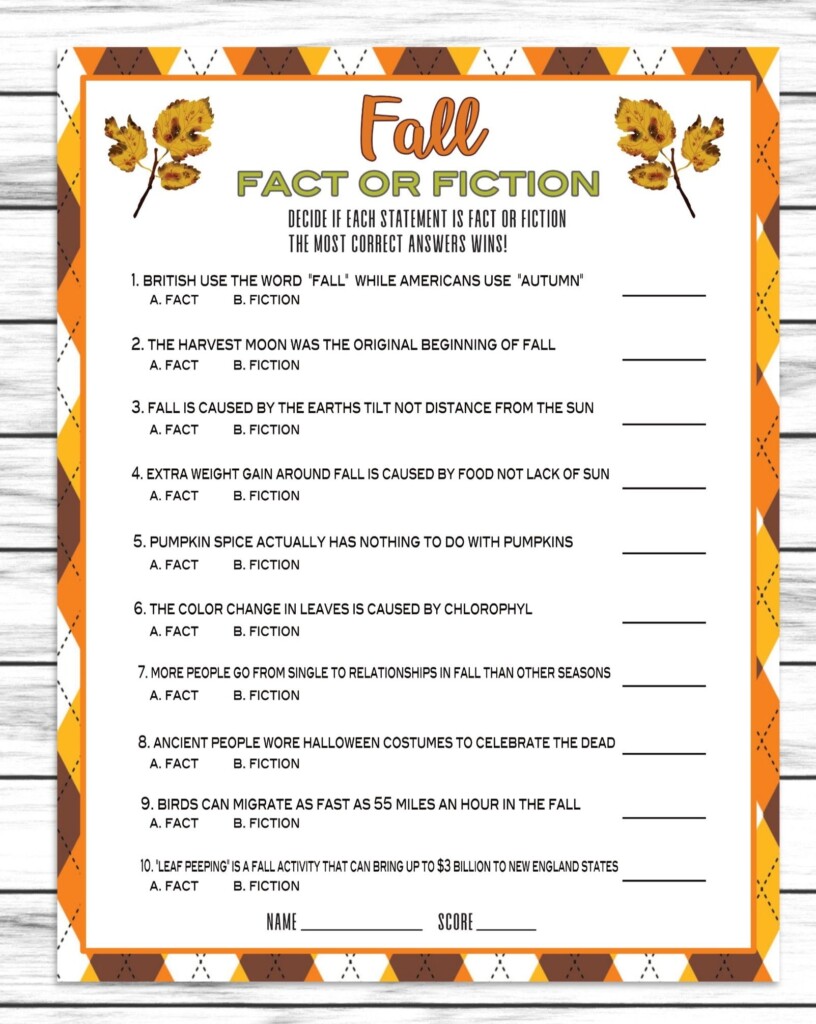 Fall Autumn Fact Or Fiction Trivia Game Printable Classroom Activity 