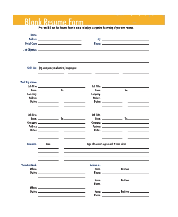 Fill In Blank Printable Resume Worksheet