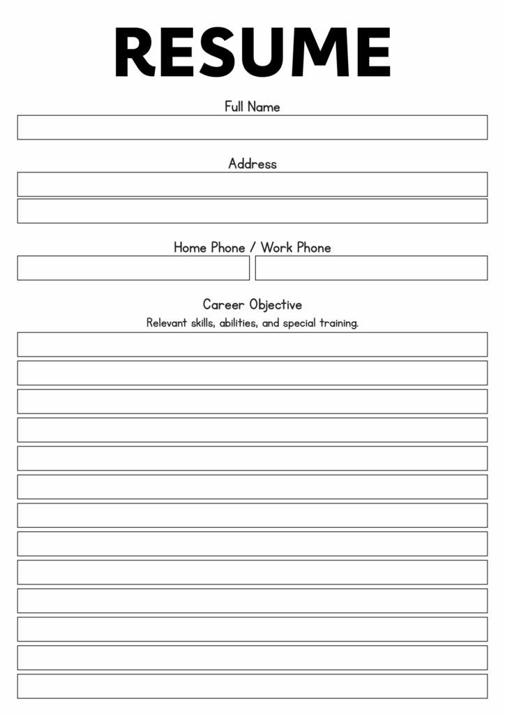 Fill In Blank Printable Resume Worksheet