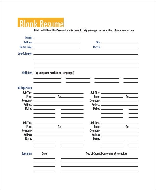 Fill In Blank Printable Resume Worksheet