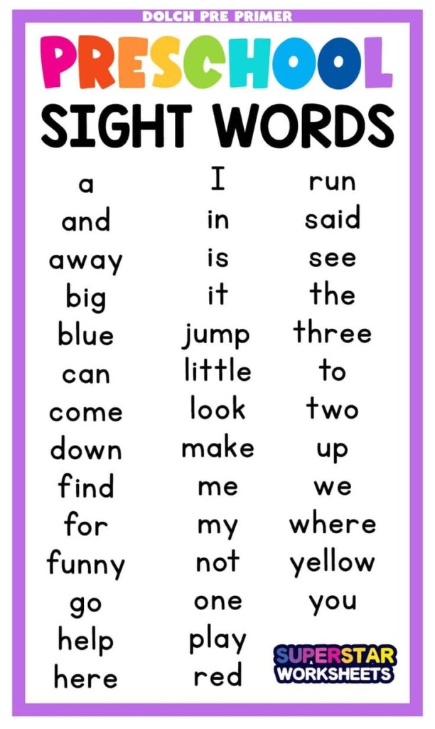 Free Preschool Sight Word Lists Printables Games Activities 