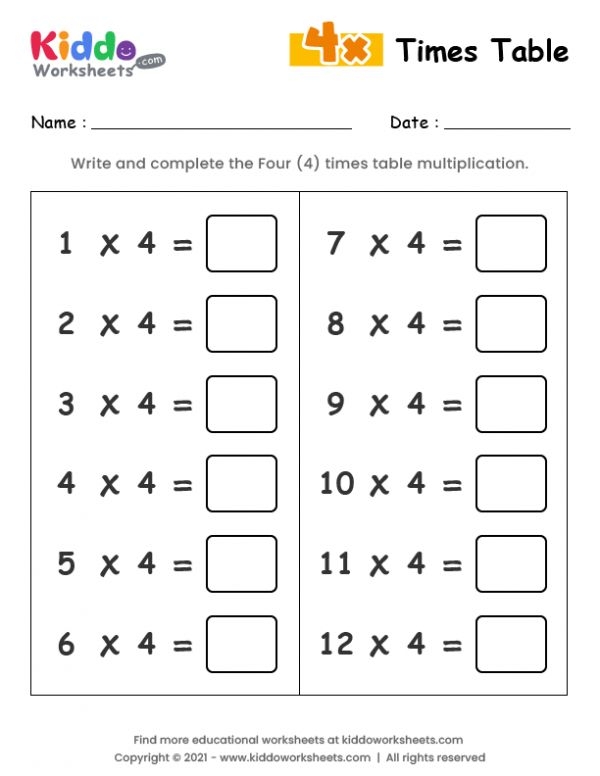 Free Printable 4 Times Table Worksheet Worksheet Kiddoworksheets Free Printable 4 Times Table Worksheet Worksheet Kiddoworksheets