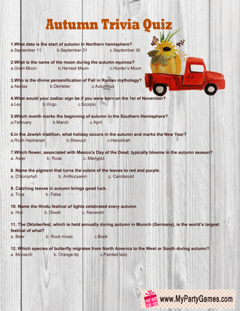 Free Printable Autumn Trivia Quiz With Answer Key Worksheets Library