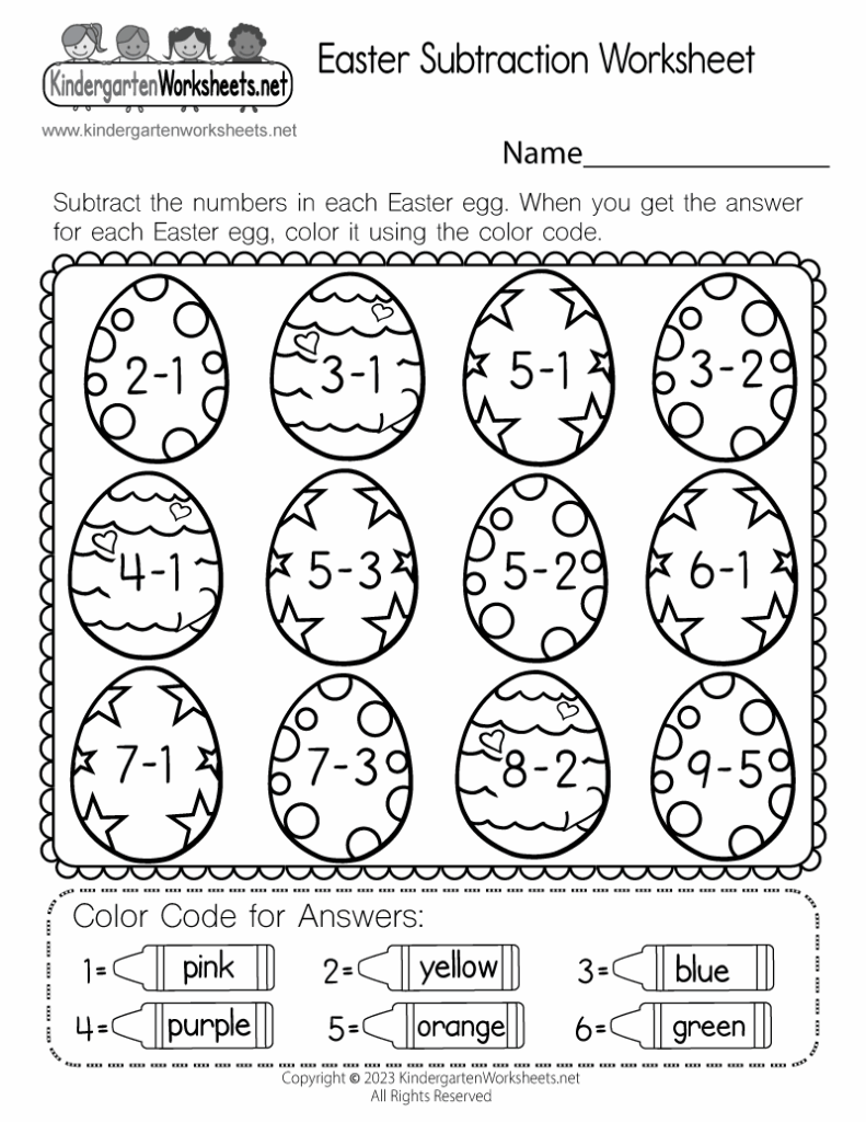 Free Printable Easter Subtraction Worksheet For Kindergarten