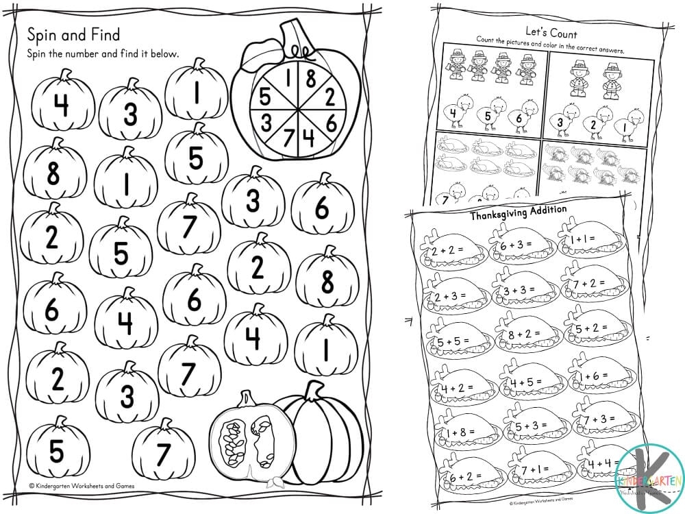 FREE Printable Kindergarten Thanksgiving Math Worksheets