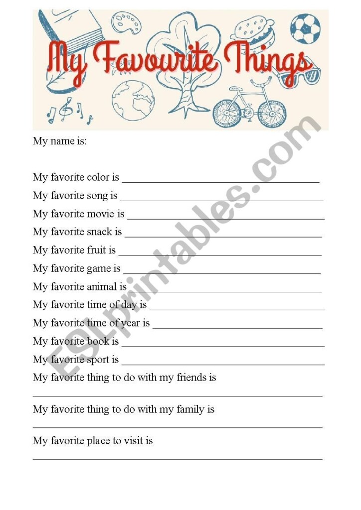 Free Printable My Favorite Things Worksheet