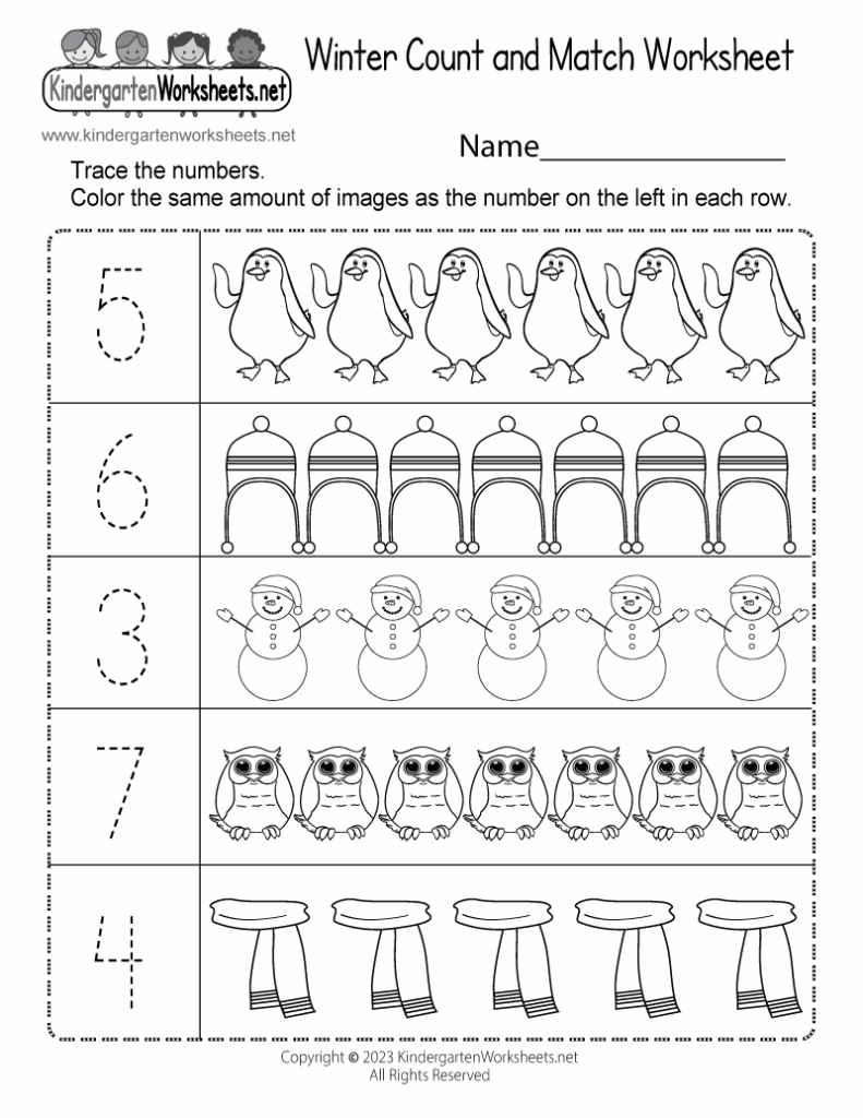 Free Printable Winter Count And Match Worksheet