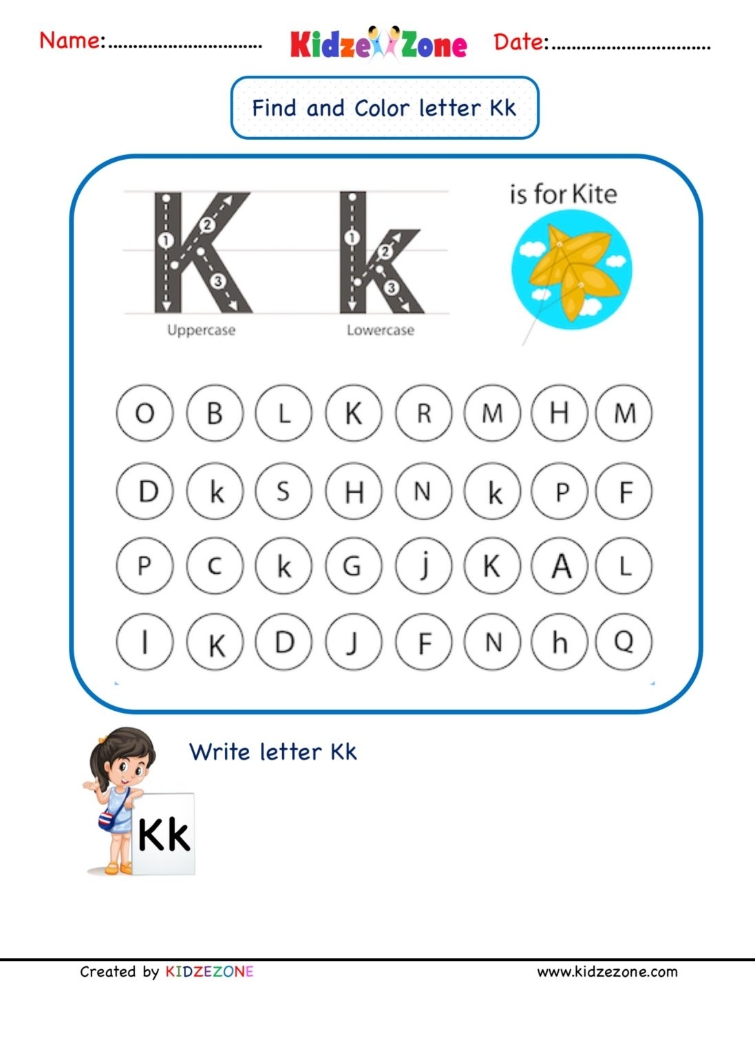 Kindergarten Letter K Worksheets Find And Color KidzeZone Printable