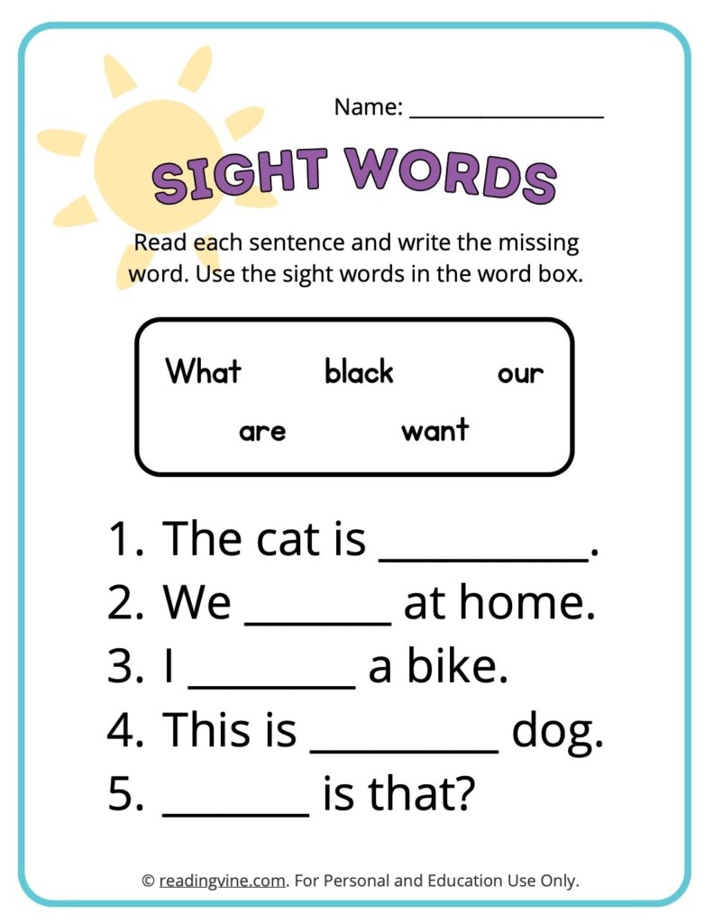 Kindergarten Sight Words Worksheets