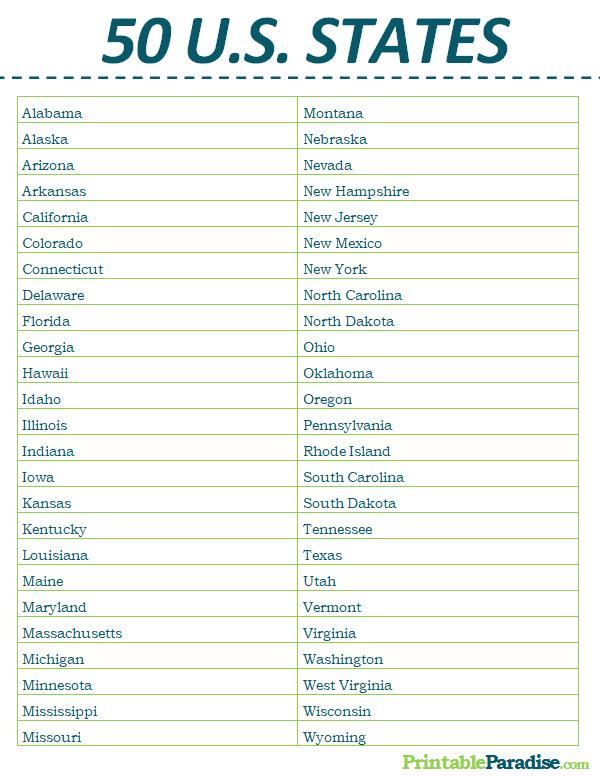 List Of 50 States Printable Worksheets Decoomo