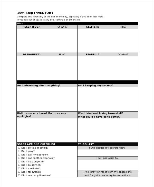 Printable 10Th Step Nightly Inventory Worksheet