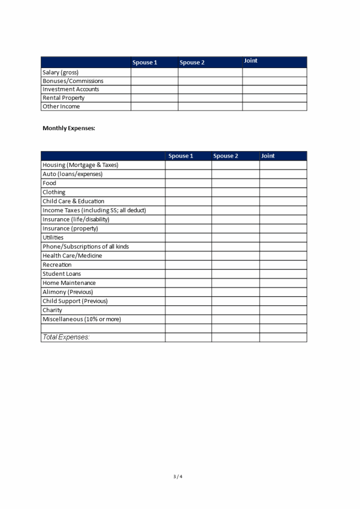 Printable Divorce Asset Worksheet