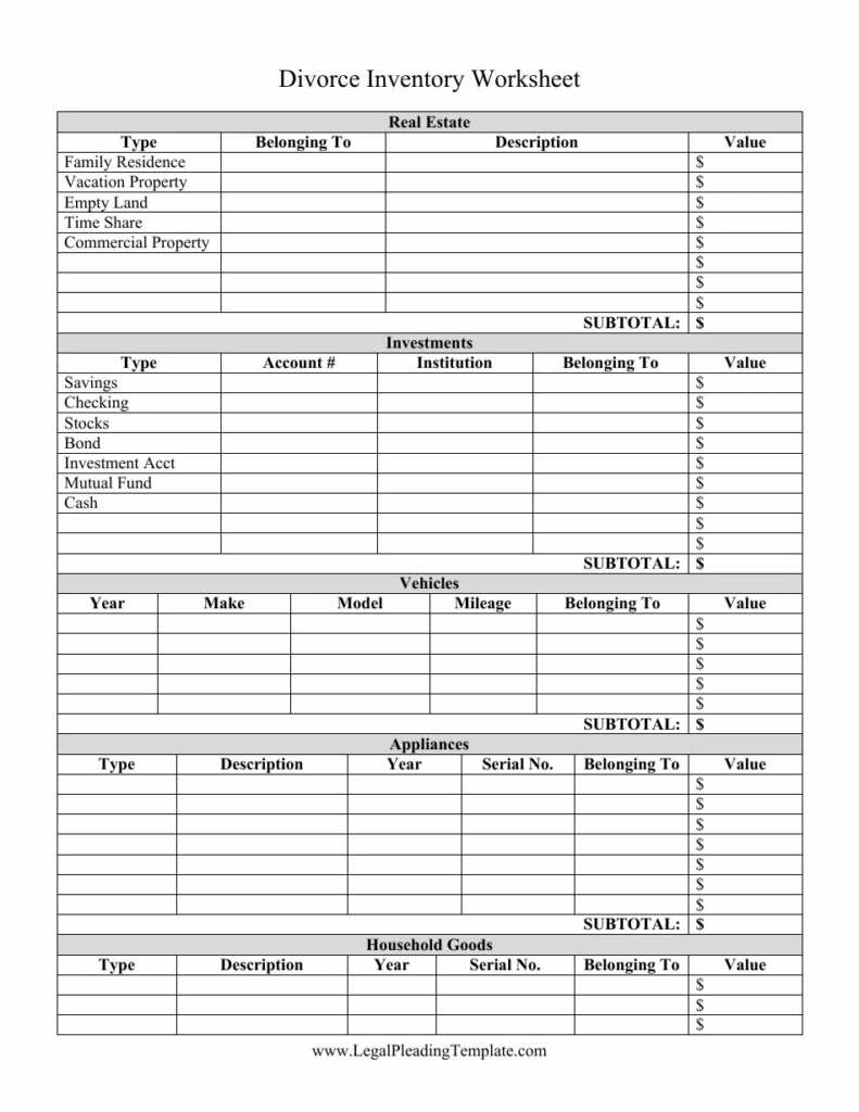 Printable Divorce Asset Worksheet