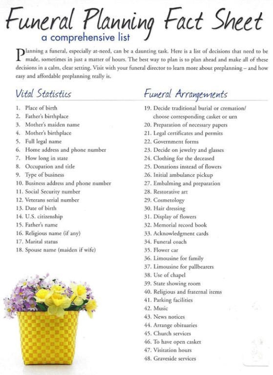 Printable Funeral Planning Worksheet Dale M Allen