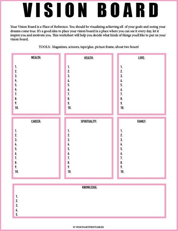 Printable Vision Board Worksheet