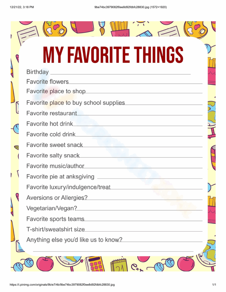 Professional Quality My Favorite Thing List Worksheet Favorite Things 