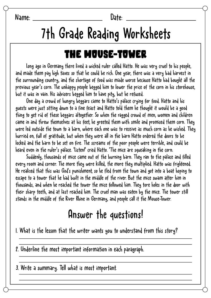 Reading Comprehension Worksheets 7th Grade Reading Reading Worksheets