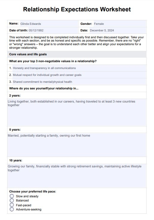 Relationship Expectations Worksheet Example Free PDF Download