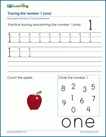 The Number 1 One Worksheet K5 Learning Worksheets Library